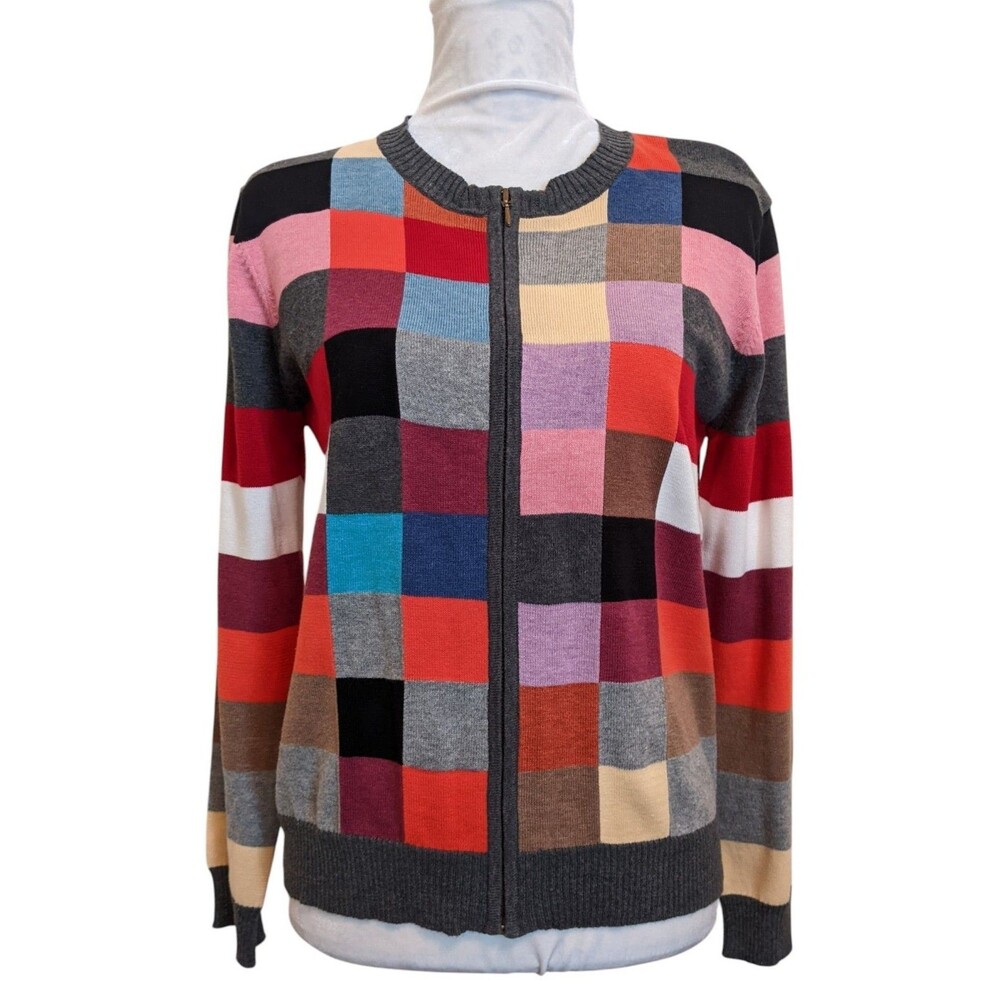 Cousin Johnny Colorblock Cardigan Sweater Zip Front Patchwork Preppy Sz Med